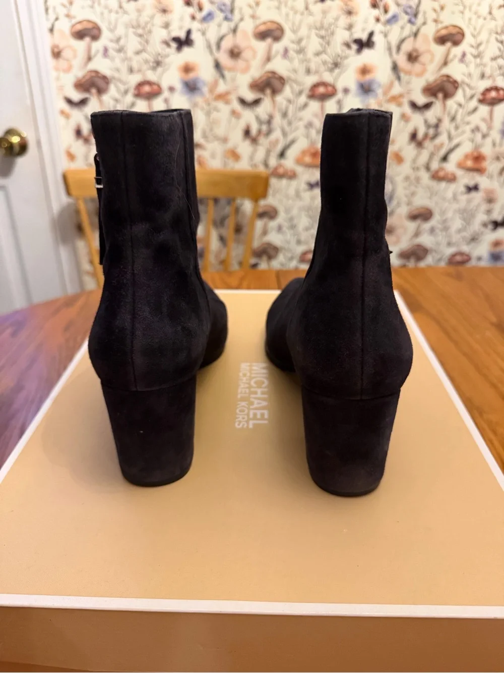 MICHAEL Michael Kors Navy Suede Pointed Ankle Booties with Side Zip